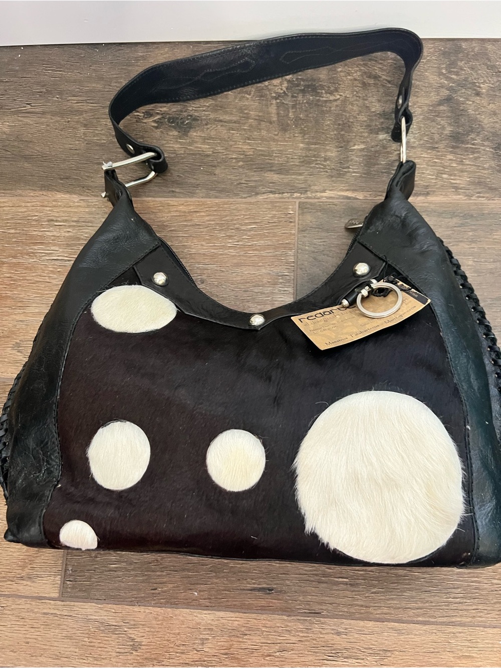 Redarte Handmade Leather & Cowhide Polka Dot Hobo Shoulder Bag Black White